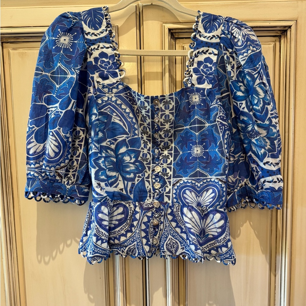 FARM Rio Blue and White Peplum Blouse 3/4 Sleeve